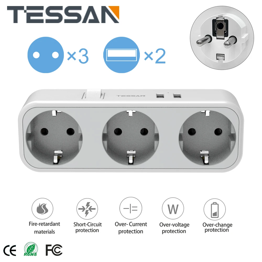 

TESSAN EU Multi Plug Power Strip with Switch 1/3 AC Outlets 2 USB Charging Ports EU Wall Socket Extender Adapter for Home Office