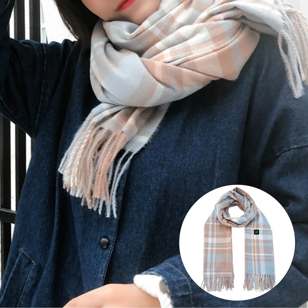 USB Charging Electric Heating Scarf Imitation Cashmere Winter Plaid Warm Electric Scarf 3 Gears Temperature Control Washable 1PC
