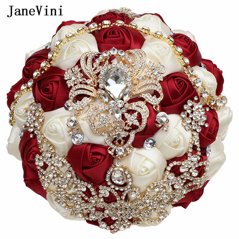 

JaneVini 2023 Luxury Burgundy Satin Flowers Bridal Bouquets Gold Rhinestone Artificial Roses Bride Wedding Bouquet Ramo De Novia