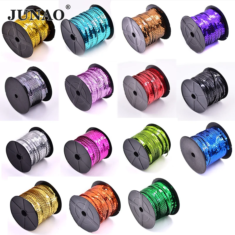 JUNAO 100 Yard 6mm Shiny Aquamarine Sew On Sequins Trim Loose Round Flat PVC Paillette For Clothes Jewelry Making Crafts