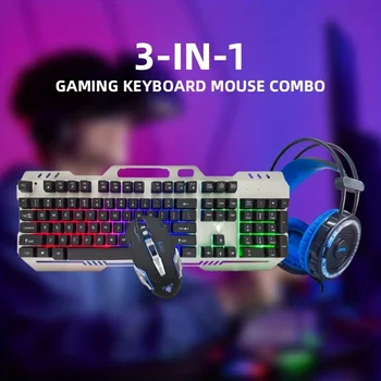 게임용 유선 컴퓨터 주변기기 세트, 레인보우 LED 키보드, 내구성 마우스, RGB 게임용 헤드셋 마우스 패드, 4 인 1 상품 이미지