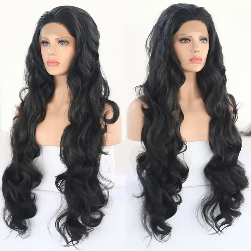 

Черный парик из синтетических волос на сетке спереди, длинные волнистые волосы, термостойкие волосы из натурального волокна, свободное разделение для модных женщин
