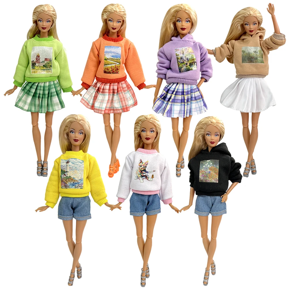 NK Official Hot 1 Set Kids Doll Naughty Sweater Set Artistic Pattern Split Dress Cool Denim Shorts Clothes  For  Barbie Doll JJ new barbie extra keychain stainless steel keyring pink princess head pattern backpack pendant cartoon accessories toys for girls