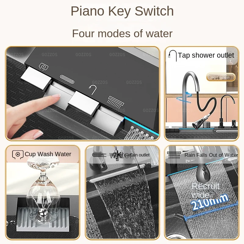 Waterfall Kitchen Sink Single-Slot intelligent Stainless Steel Smart Honeycomb embosse