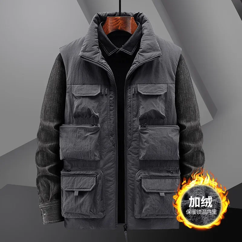 Men's Vest Coat Winter Sleeveless Jacket Waistcoat Thick Warm Fleece Workwear Tops Cargo Vest Windbreaker Fashion Big Size