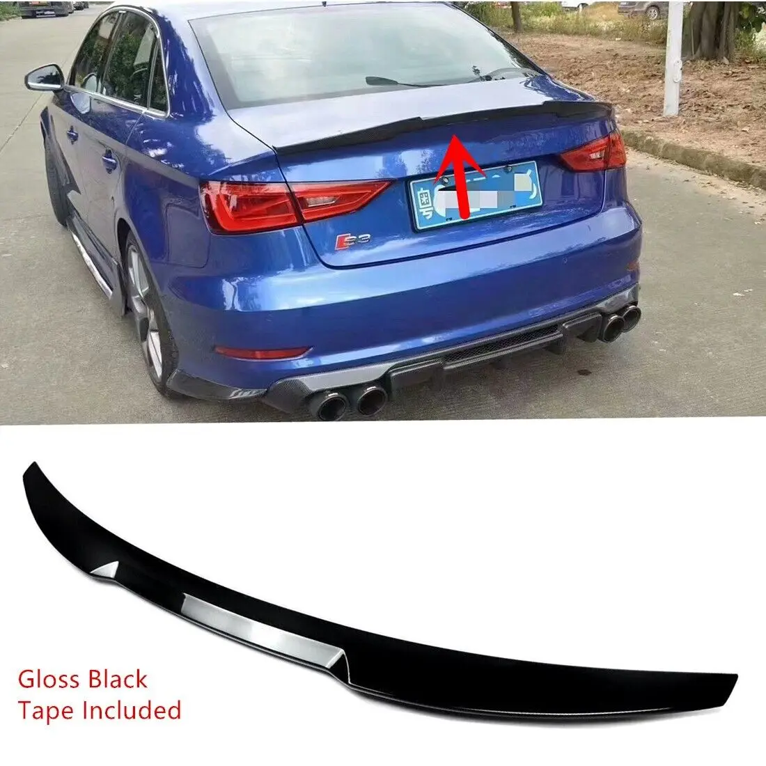 M4 REAR TRUNK SPOILER HIGHKICK WING FOR 14-20 AUDI A3 S3 RS3 SEDAN GLOSS BLACK