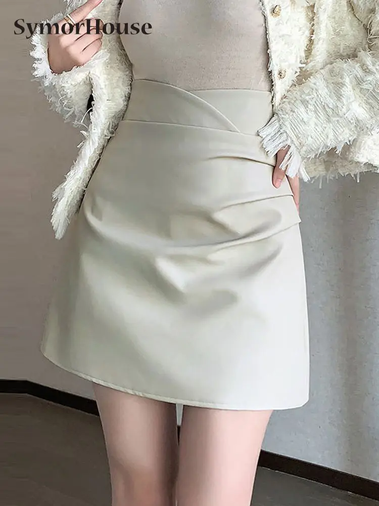 

2023 Autumn Winter Black Folds PU Leather Short Skirts Women New High Waist Sexy Bodycon Wrap -Hips A-Line Mini Skirt Female