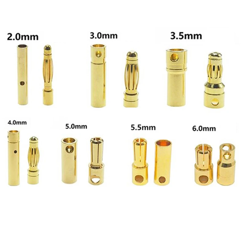 Banana Plug 2.0mm 3.0mm 3.5mm 4.0mm Bullet Female Male Connector 5.0mm 5.5mm 6mm 6.5mm 8mm Brass Plated Copper RC Parts 4mm rc battery gold plated bullet banana plug male female bullet banana connector parts