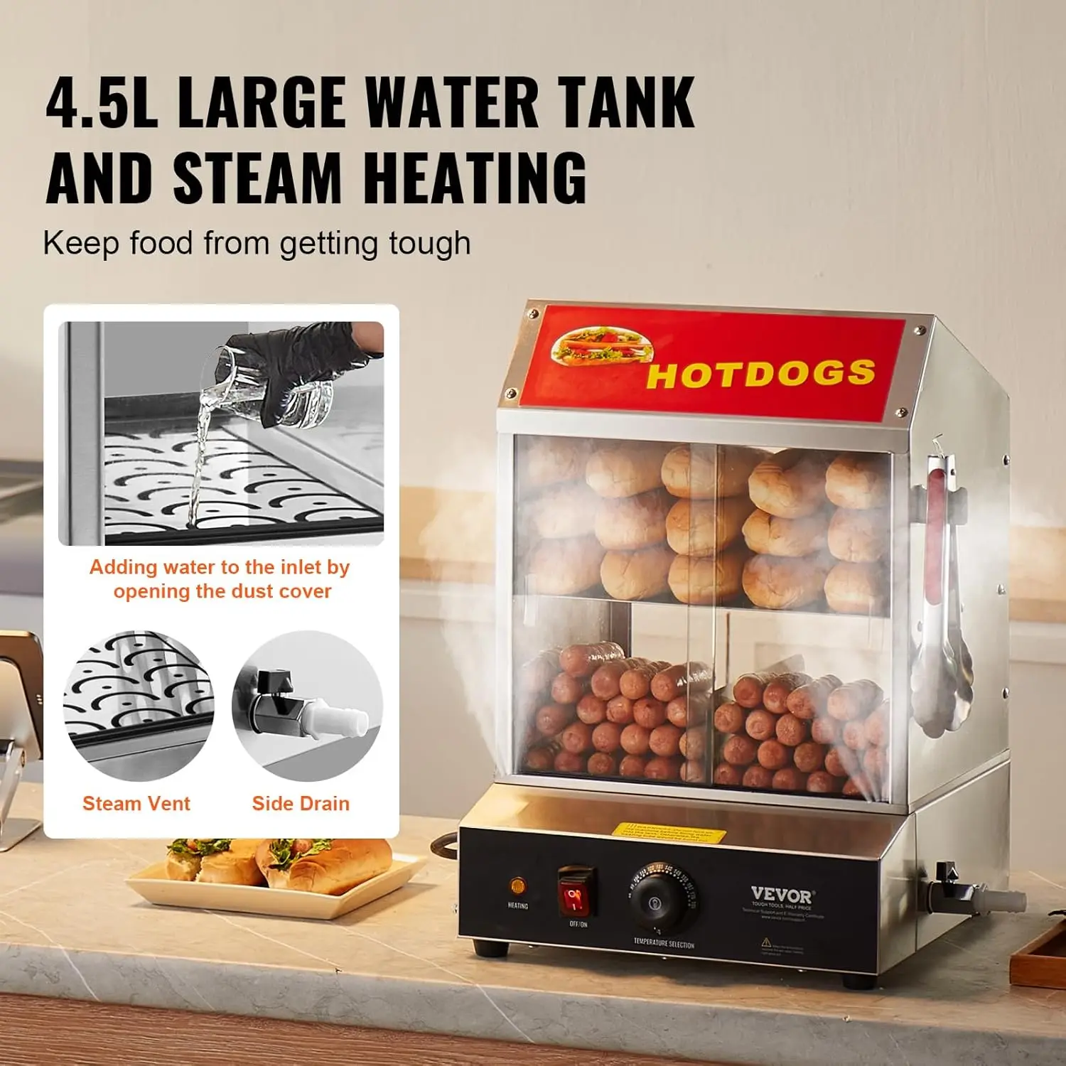 Hot Dog Steamer, 28.5QT, 2-Tier Hot Dog Hut Steamer, 86℉~185℉ Temperature Control, Electric Bun Warmer with Tempered Glass Slide