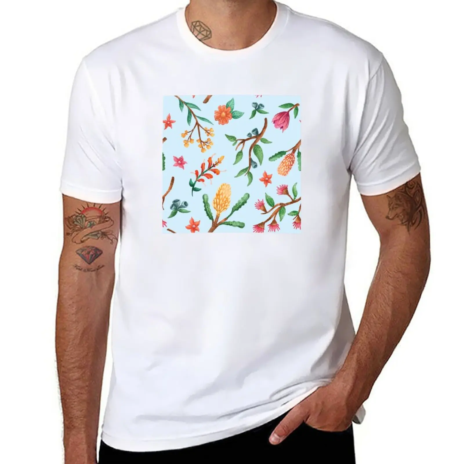 

New Australian native plant pattern BLUE, Native flowers and Leaves Pattern T-Shirt black t shirts mens tall t shirts