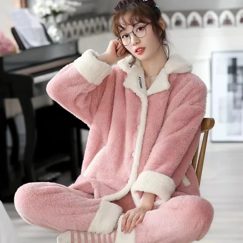 

Зимние пижамные комплекты из 2 предметов, женские утепленные фланелевые коралловые пижамы с длинным рукавом, домашний костюм, Корейская женская пижама, пижамы