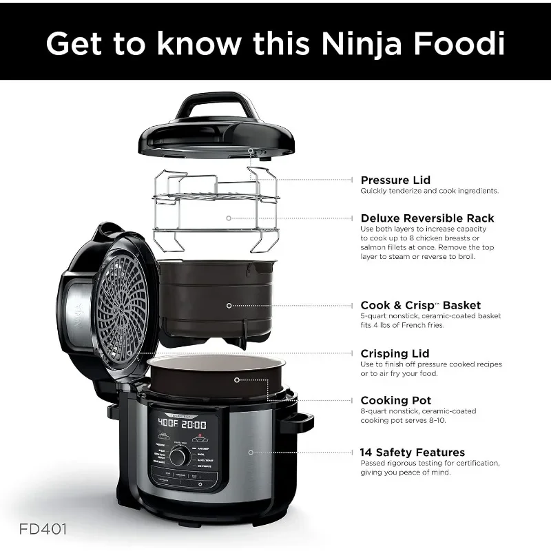 Ninja FD401 LP3 Foodi 12-in-1 Deluxe XL 8 qt. Pressure Cooker & Air Fryer that Steams, Slow Cooks, Sears, Sautés, Dehydrates & 4
