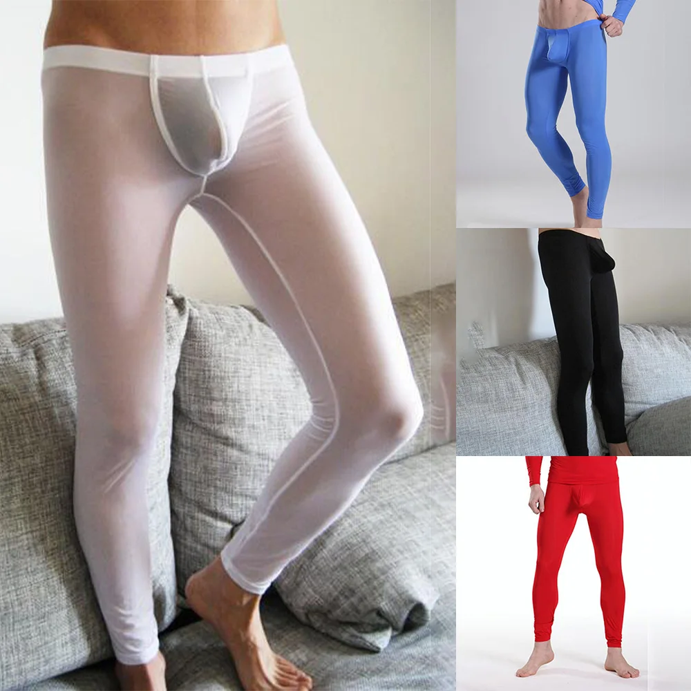

Hot Ice Silk Men's Sexy Long Johns Ultra-thin Penis Pouch Leggings Underwear Men Home Sheer Lounge Pants Gay Sleepwear