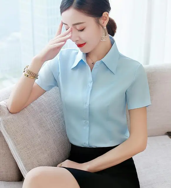Shirt Women Summer Tops Button Up Shirts Korean Work Blouses Short Sleeve Lapel Slim Office Blouse White Top Blusas De Mujer sky blue