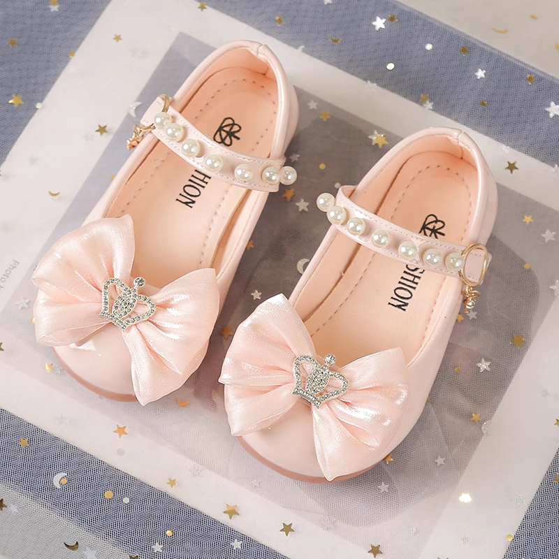 Girls Casual Flat Shoes with Sweet Bows Kids Leather Shoes Round Toes Korean Style 2025 Autumn New Children MaryJanes Soft Sole