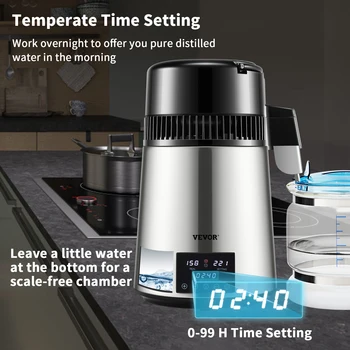 VEVOR 1.5L/H Distilling Speed 4L Water Distiller Treatmen Purifier Filter Touch Screen Time Setting 304 Stainless Home Appliance 4