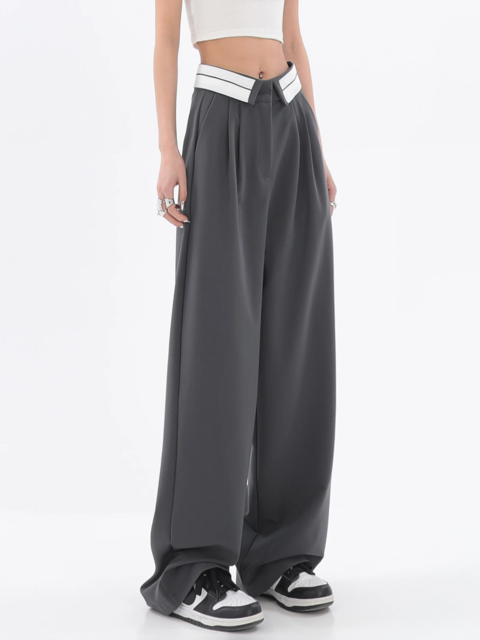 

2023 Summer Fashion Women Grey Solid Simple Chic Long Trousers High Waist Loose Casual Design Baggy Soft Pants Streetwear Daily