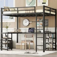 Full Size Loft Bed with Desk and Storage Shelves Industrial Style Heavy Duty Loft Bed Kids Teens Full Size L-Shaped Desk and 6 1