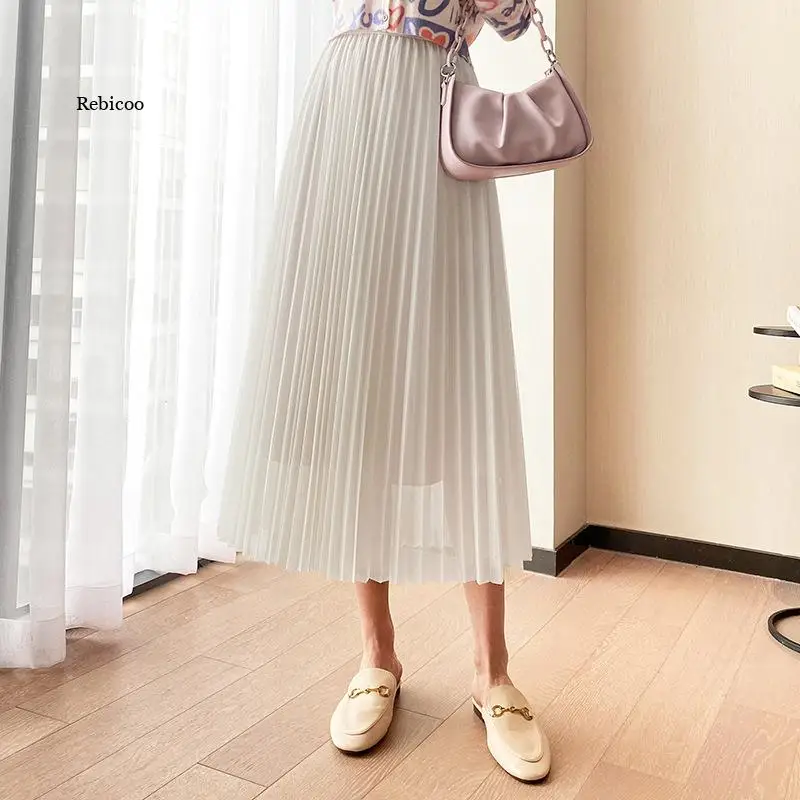 Korean Style Mesh Patchwork Long Skirt Autumn Pleated Skirt Harajuku