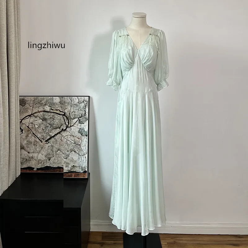 

lingzhiwu Silk Long Dress 2024 Female Summer Feathers Beading Slim Light Green Expansion Bottom New Arrive