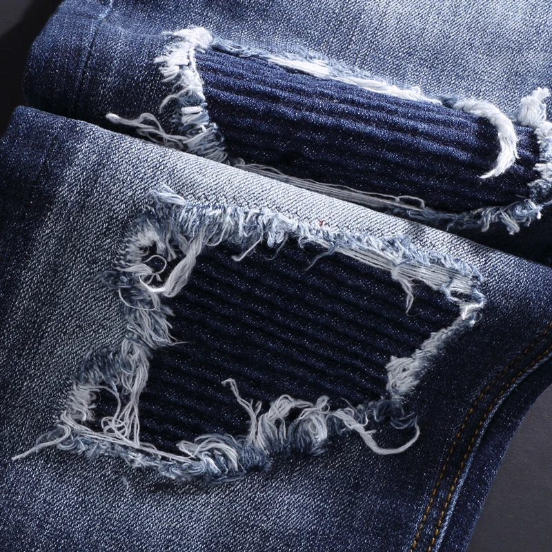 Street Fashion Men Jeans Retro Blue Zipper Designer Slim Ripped Jeans Men Wrinkle Patched Designer Hip Hop Brand Pants Hombre