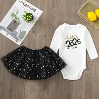 2 Piece Hello 2025 Print Baby Girls Romper Dress Set Happy New Year Girl Long Sleeve Bodysuit Tutu Skirt Infant Dresses Outfit 3