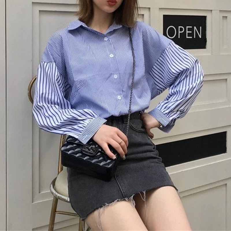 Shirt And Blouse For Women Korean Version Bat Sleeves Loose Striped Top Clothes Trendy Long Sleeve Casual Fashion Streetwear New