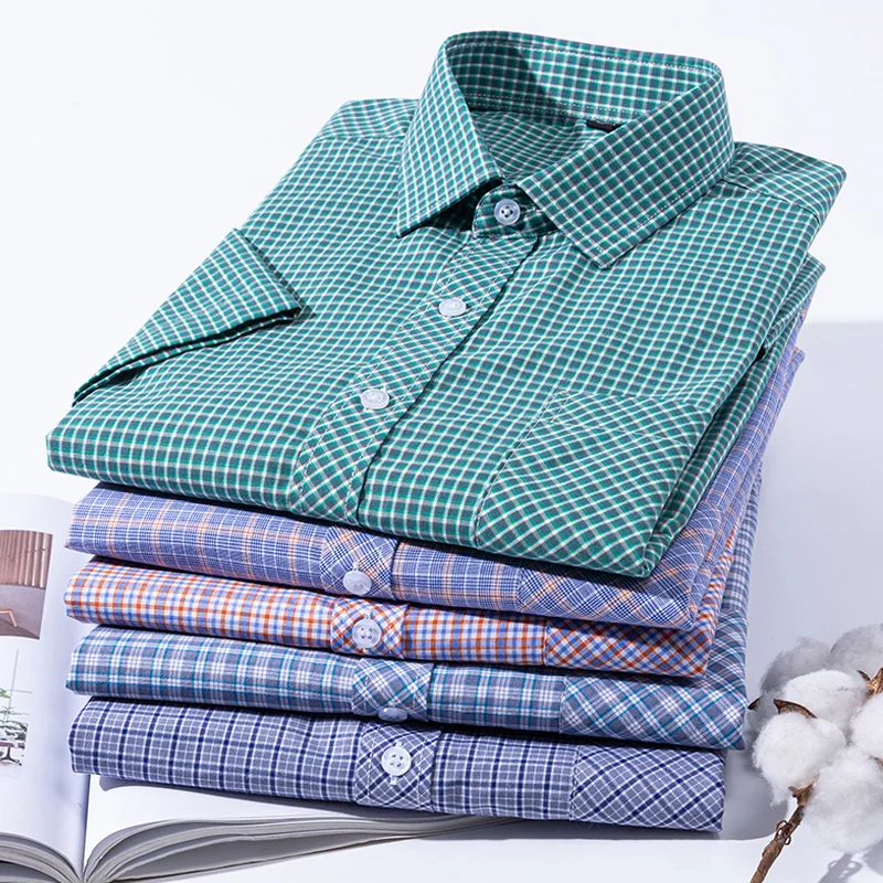 

New Summer Men Fashion Short Sleeve Shirt Slim Fit Male Social Business Dress Plaid Shirt Brand Mens Fitness Sports Clothing A44