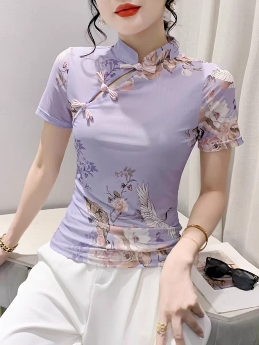 Tshirt Mandarin Collar Shirt Ladies Summer Chinese Style T-shirts