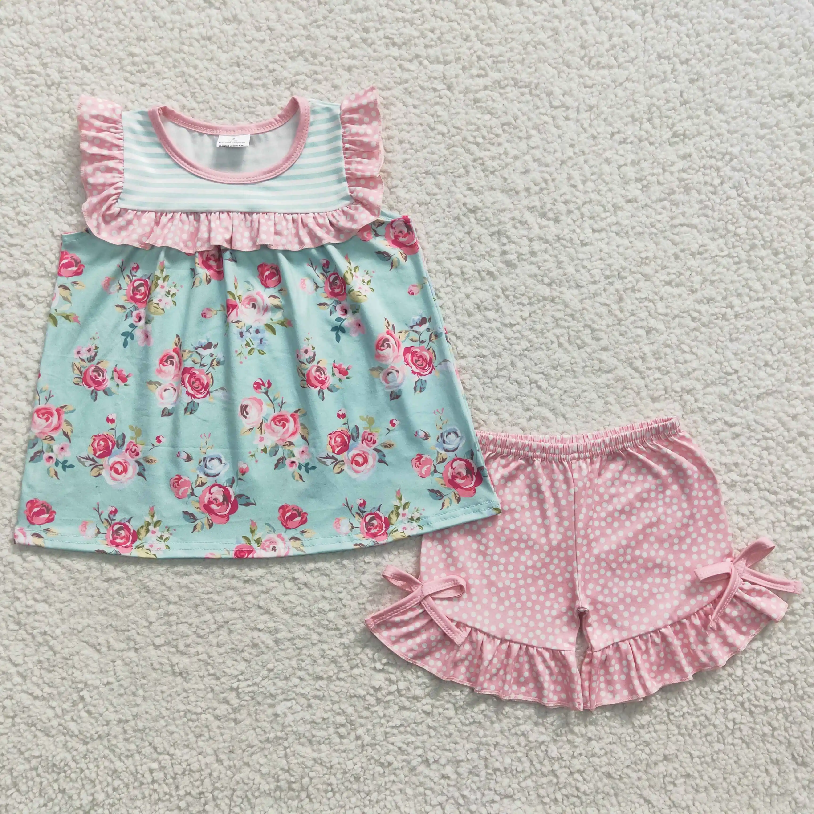 

L​atest Update 2023 RTS Kids Spring Clothes Sets Baby Pink Dotted Suits Boutique Girls Floral Outfits
