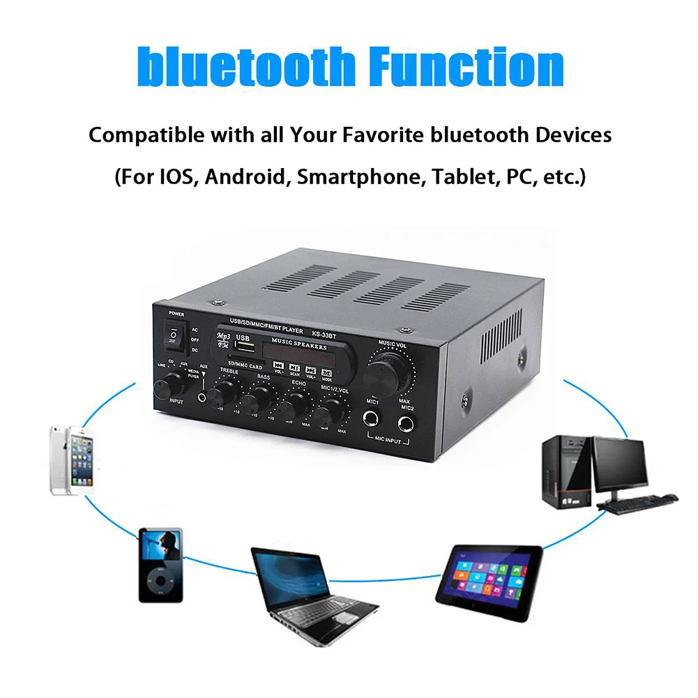 스테레오 하이파이 디지털 앰프, 2 마이크 입력, 2CH 앰프, USB 메모리 카드, Aux Bluetooth-Compatible5.0 LED 디지털, 자동차 스피커용