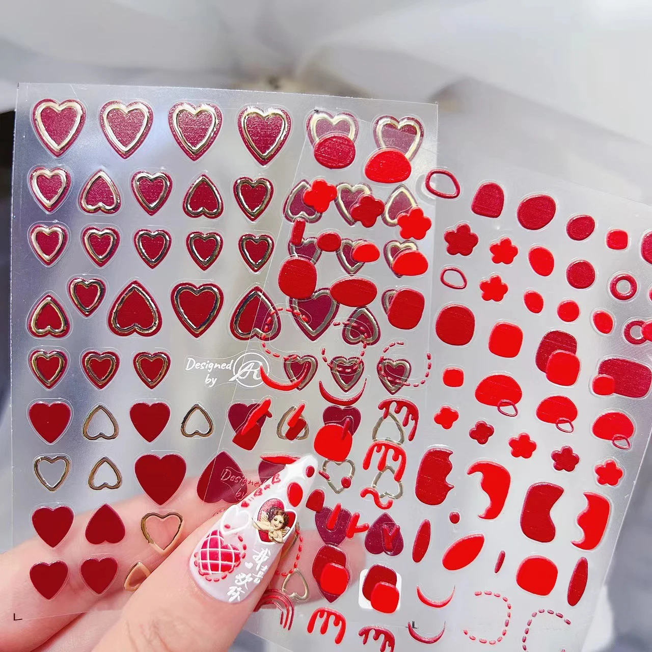 Red Heart Press On Nails Stickers 5d Engraved Love Letters Transfer