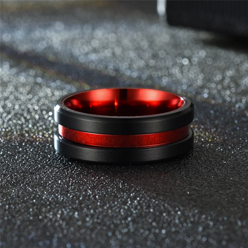 Stainless Steel Rings 8mm Red Groove Beveled Edge for Male