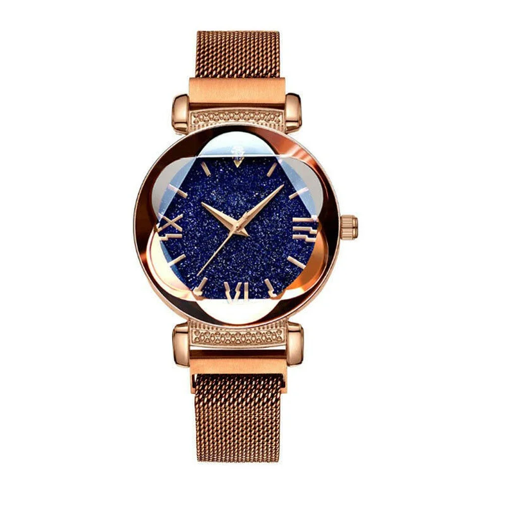

New Fashion Luxury Starry Sky Roman Numeral Wristwatch RoseGold Quartz Watch for Women Elegant Magnet Buckle Gift Dropshippin