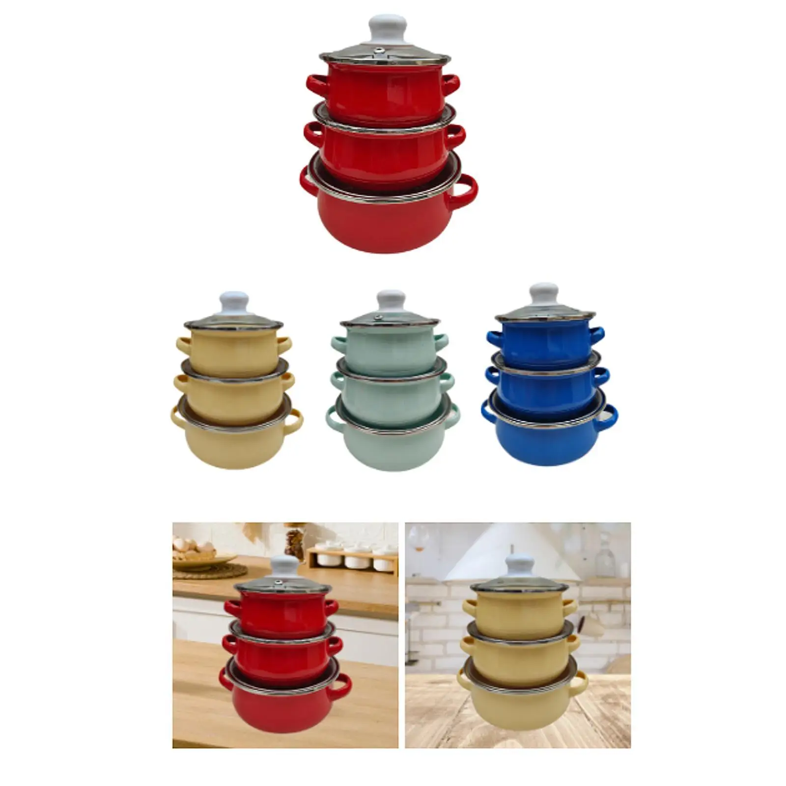 3 Pieces Enamel Stock Pots Soup Pot Kitchen Flat Bottom Household Cookware 3 Pieces Enamel Stock Pots Soup Pot Kitchen Flat Bottom Household Cookware