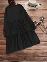 Plus Size Women's Mid-Length Layered Fleece Hoodie Dress A-line Hem Long Sleeve Modest Sweatshirt Dress Loose Fit with Pockets - Image 2