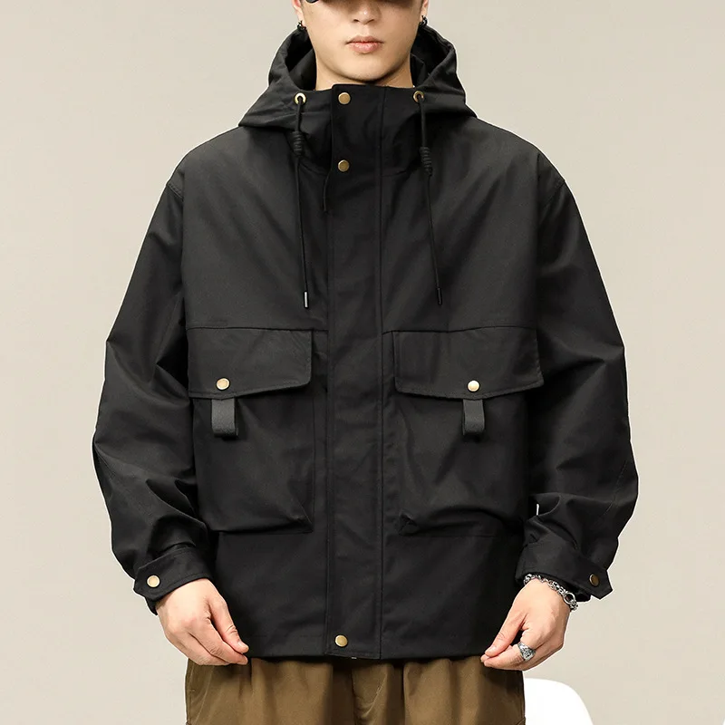 thumbnail image 1 of Chaqueta tipo cargo informal japonesa nuevos de otoño, chaqueta rígida holgada con capucha para hombre, 1 of 4