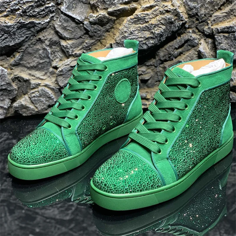 

Luxury High Top Shiny Green Suede Diamonds Crystal Red Bottom Shoes For Men Casual Flats Loafers Women Rhinestone Brand Sneakers