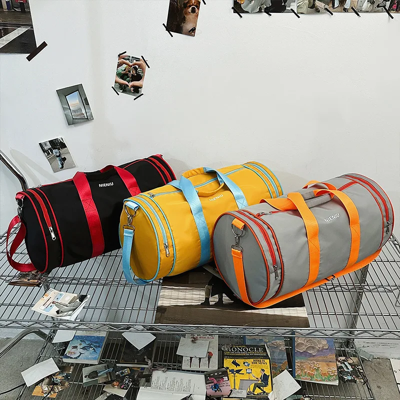 fitness bag large capacity dry wet separation cylinder travel luggage bag printed with name pattern