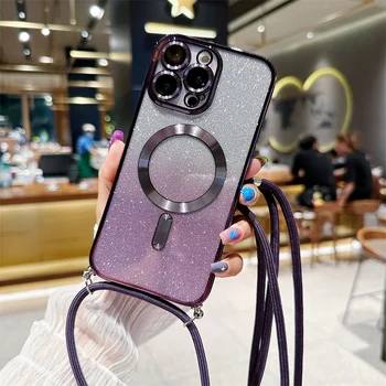 아이폰용 그라디언트 글리터 마그네틱 케이스, 크로스 바디 랜야드, 맥세이프 도금 소프트 TPU 후면 커버, 15, 14, 13, 12, 11 프로 맥스 플러스용