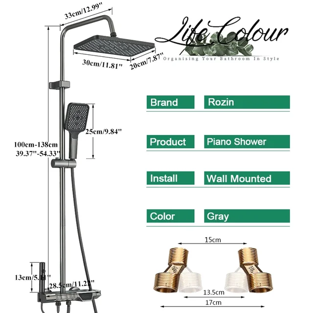ชุดก๊อกน้ำฝักบัวห้องน้ำสีเทาจอแสดงผลดิจิตอลอัจฉริยะสไตล์เปียโนระบบฝนตกก๊อกผสมพร้อมบิเดต์/ฝักบัวมือ 6