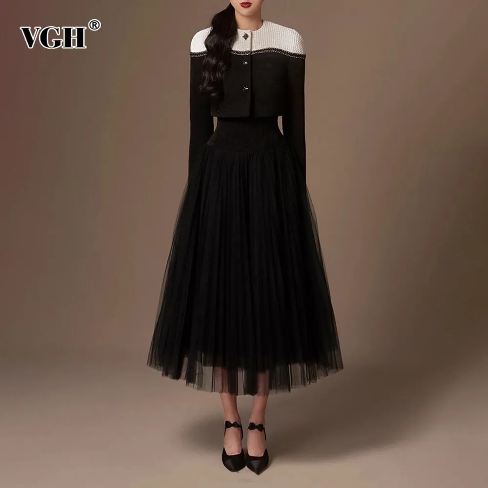 

VGH Hit Color Two Piece Set For Women Round Neck Long Sleeve Coat Strapless Sleeveless High Waist Mesh Dress Elegant Sets Female