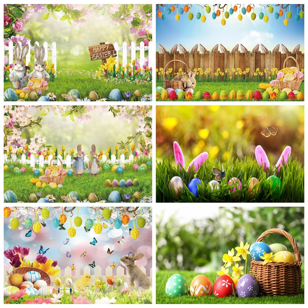 

Happy Easter Photography Backdrop Spring Scene Rabbit Bunny Eggs Birthday Party Decor Kids Portrait Baby Shower Photo Background