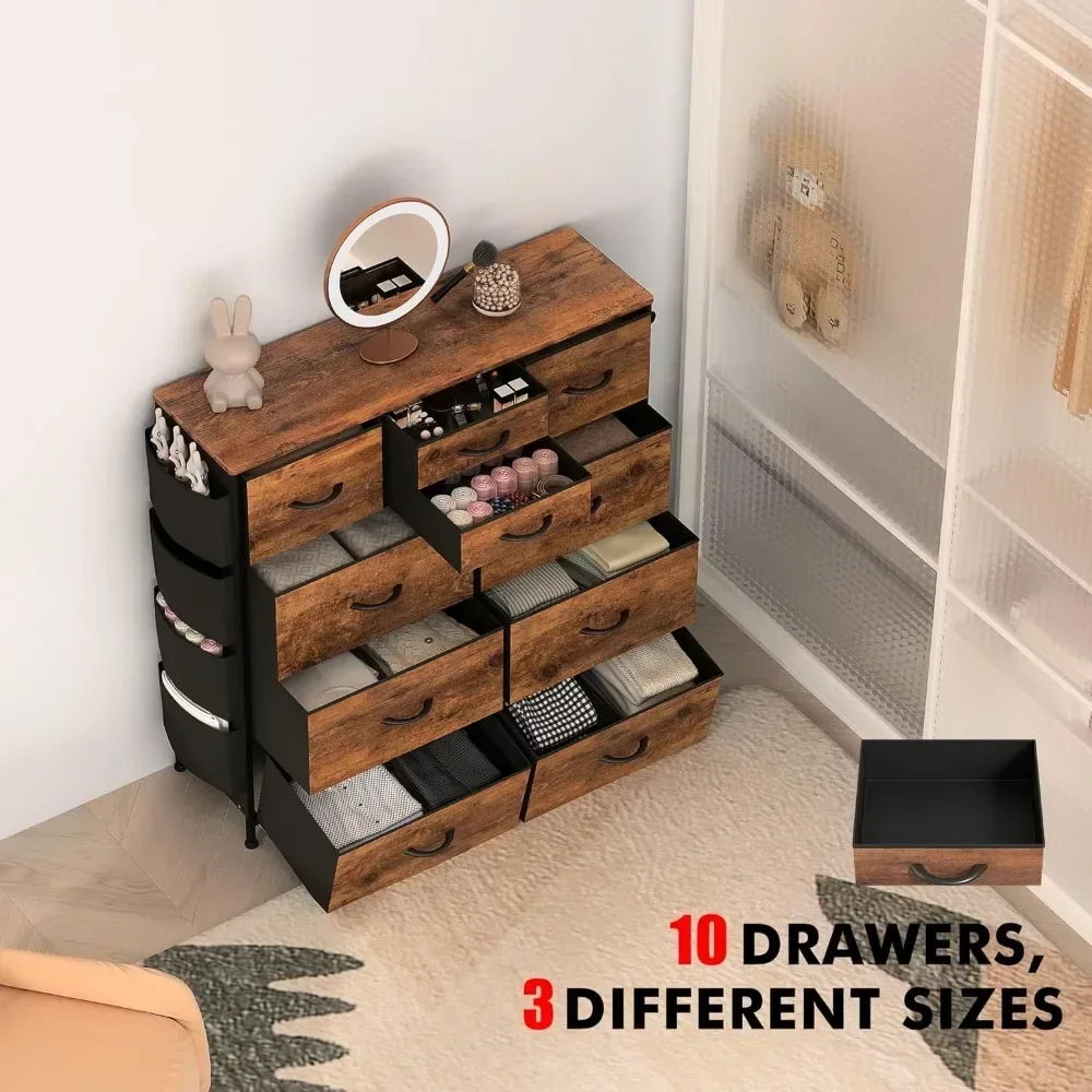 10 Drawer Dresser, Chest of Drawers for Bedroom with Side Pockets and Hooks, PU Sturdy Steel Frame, Organizer, Closet (White) 3