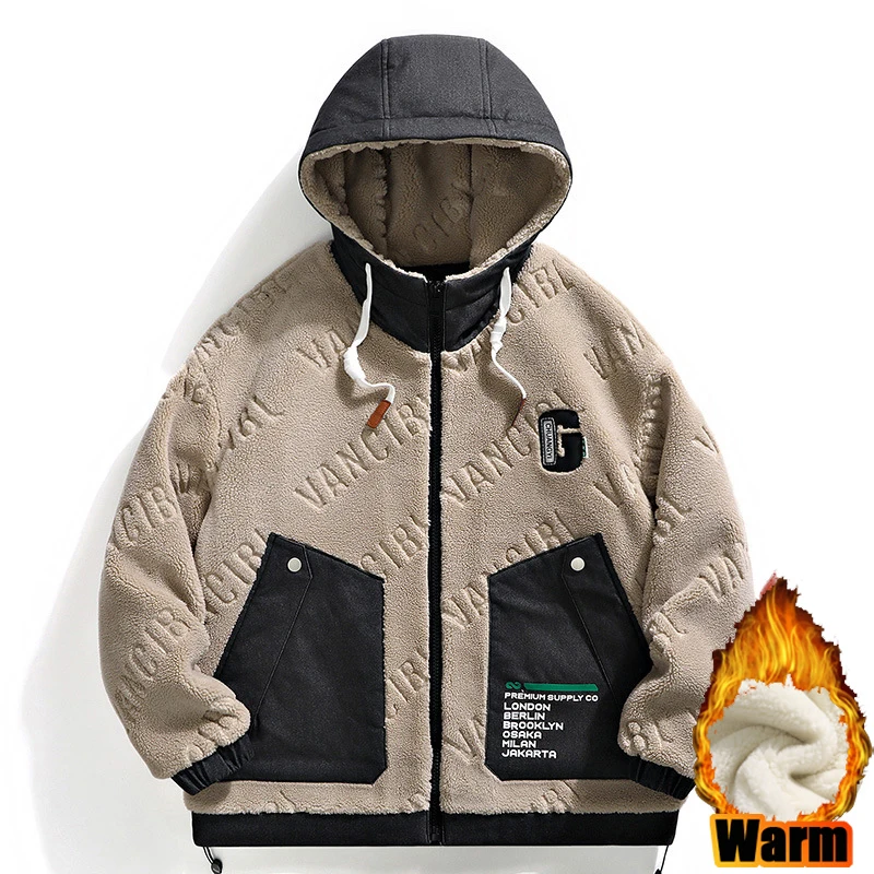 

New Design Winter Thickened Hooded Warm Male Jacket Casual Polar Fleece Outdoor Coat Zipper Patchwork Jacket for Men