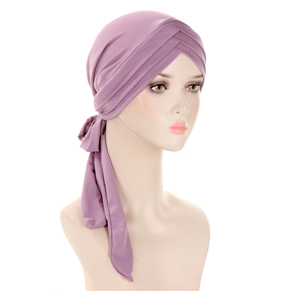 Women Stylish Pre-Tied Turban Chemo Cap Muslim Hijab Inner Cap Beanies Bonnet Long Tail Headscarf Hat Headwrap Caps Accessories