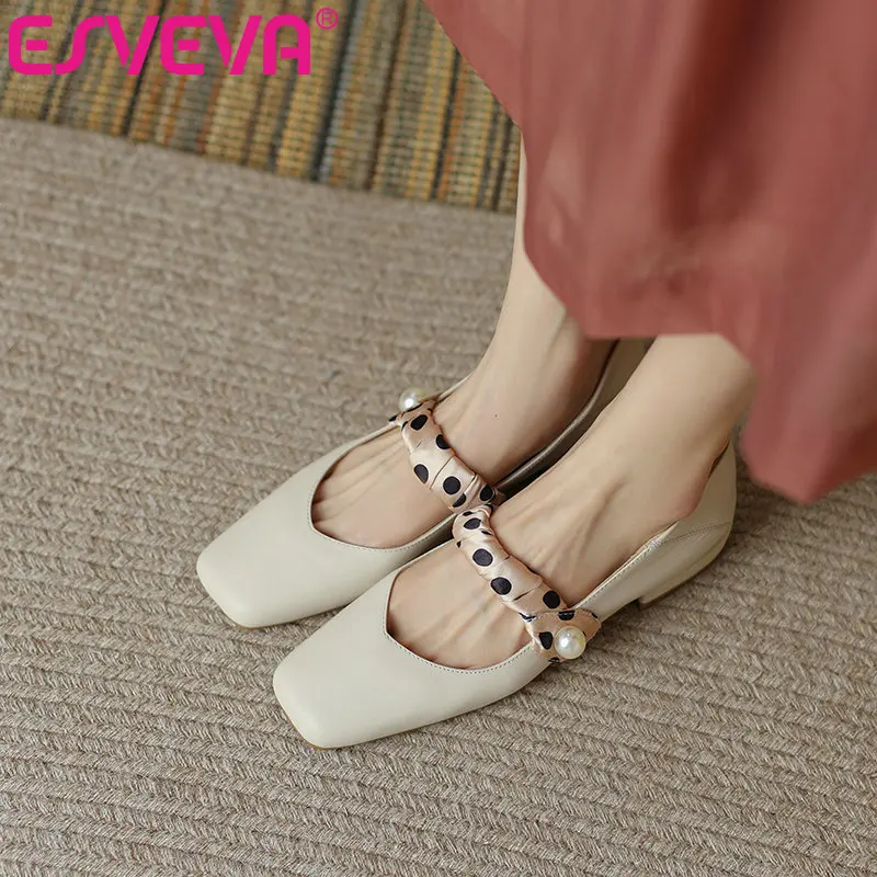 ESVEVA 2022 Mary Janes All Match Square Heels Summer Genuine Leather Women Pumps Retro Square Toe Basic Women Shoes Size 34-40