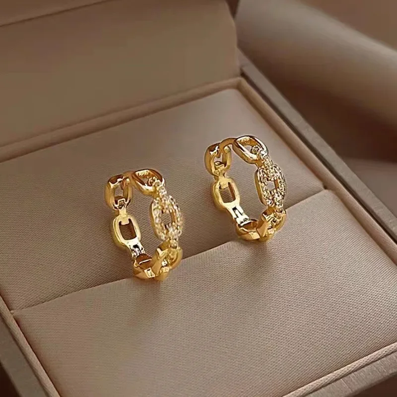 24K Real 9999 Gold Interlocking Earrings with Simple-elegant Style for Ladies