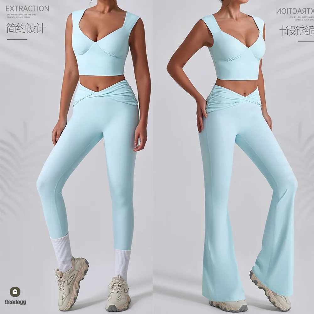 2PCS Women Yoga Set Workout Pant Outfits Fitness Sportswear Gym Tracksuit High Waist Flare Leggings Sports Bra yoga set sports set sportswear set fitness set sports bra set