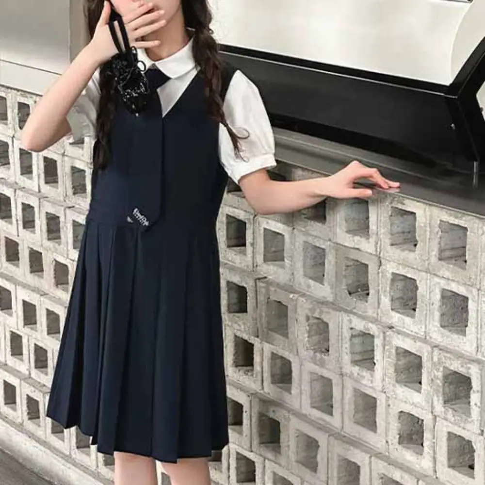 Pleated Kids Fake Two Dress Preppy Style Short Sleeve Summer Girls Dresses Skirts Teenagers Children A-line Dress Students